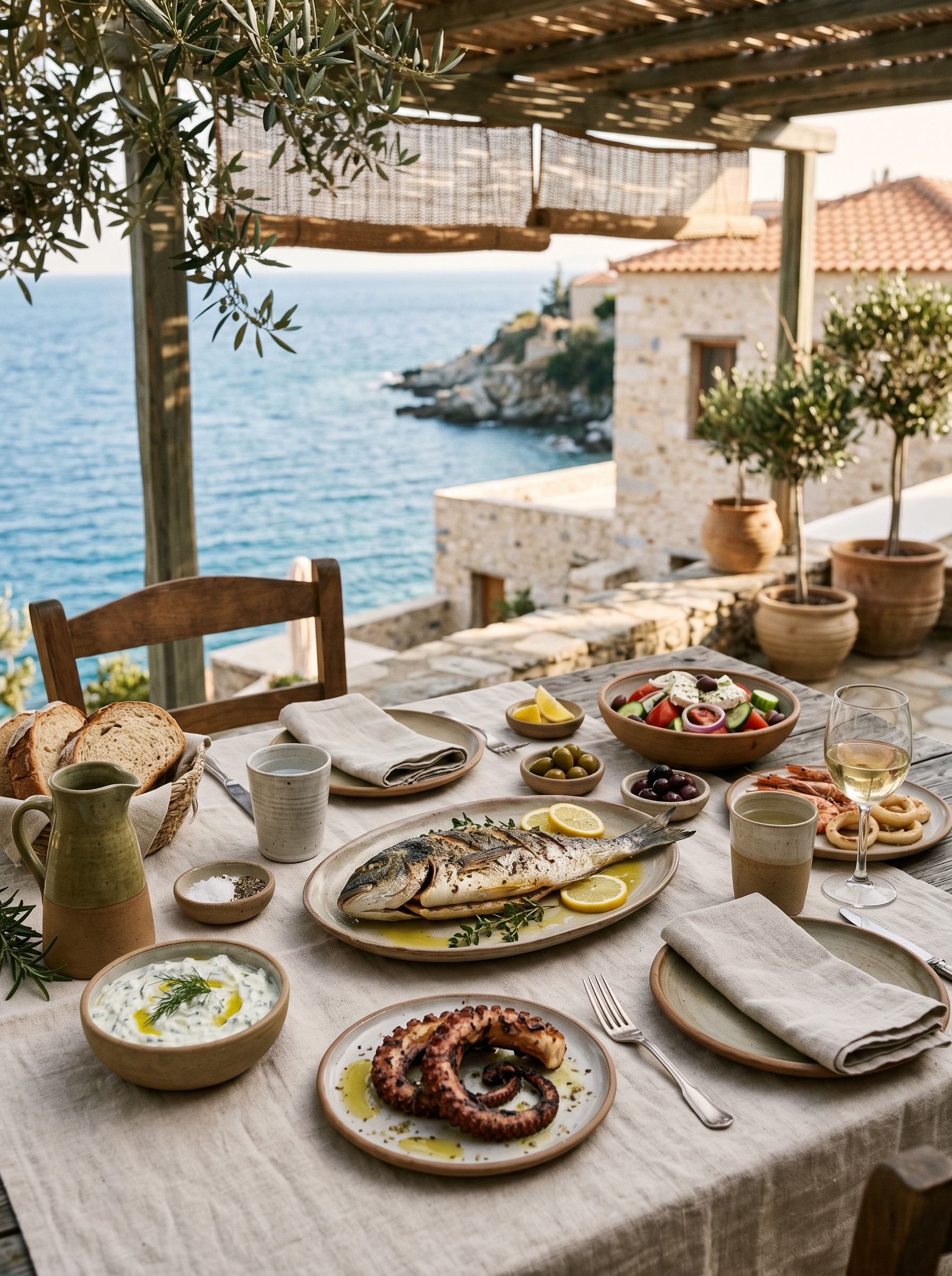 Greek seafood table with grilled fish, octopus, olives, salad, and coastal view