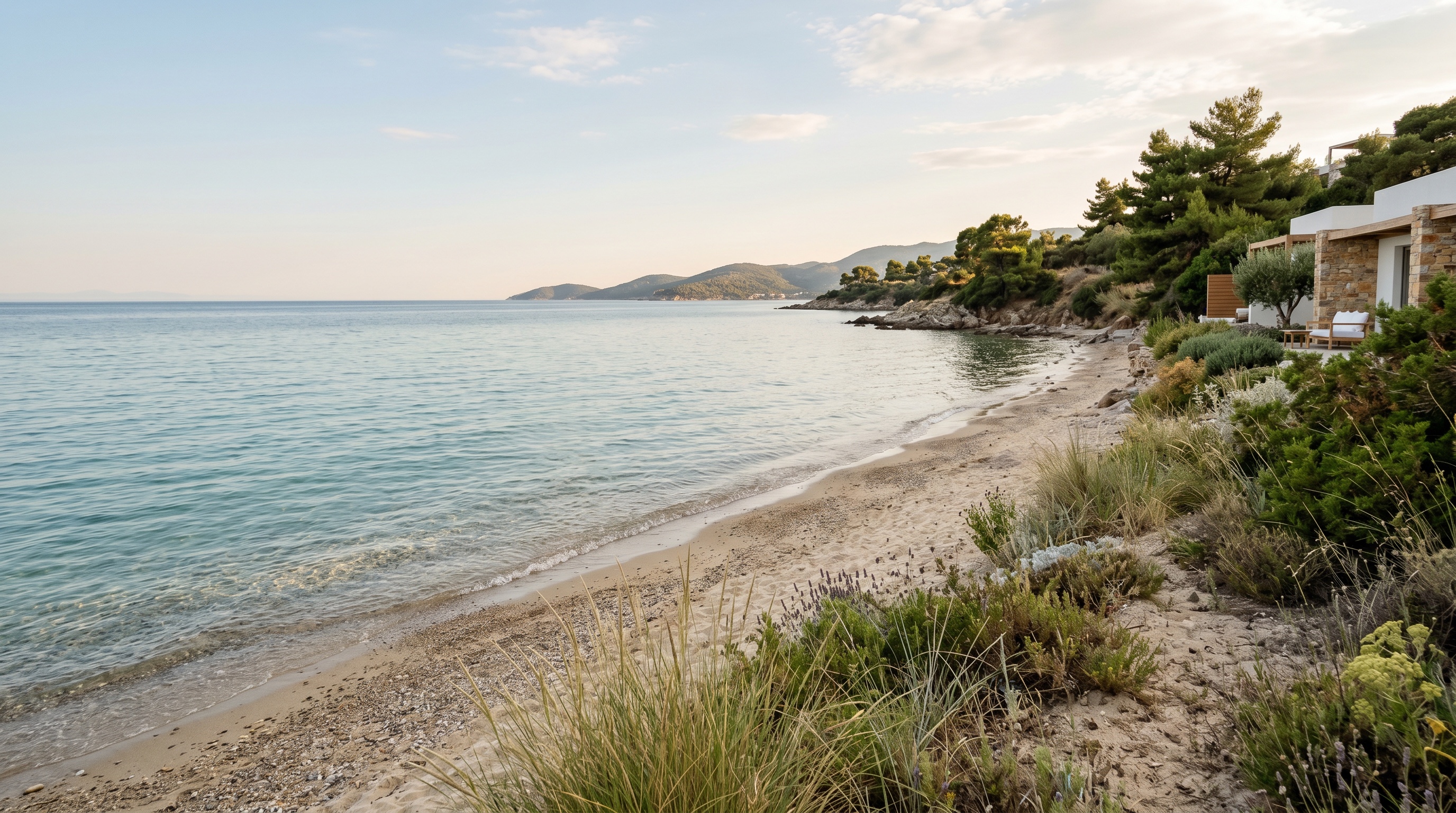 Quiet shoreline near Kavi Beach with calm sea, pebbled beach, and coastal planting