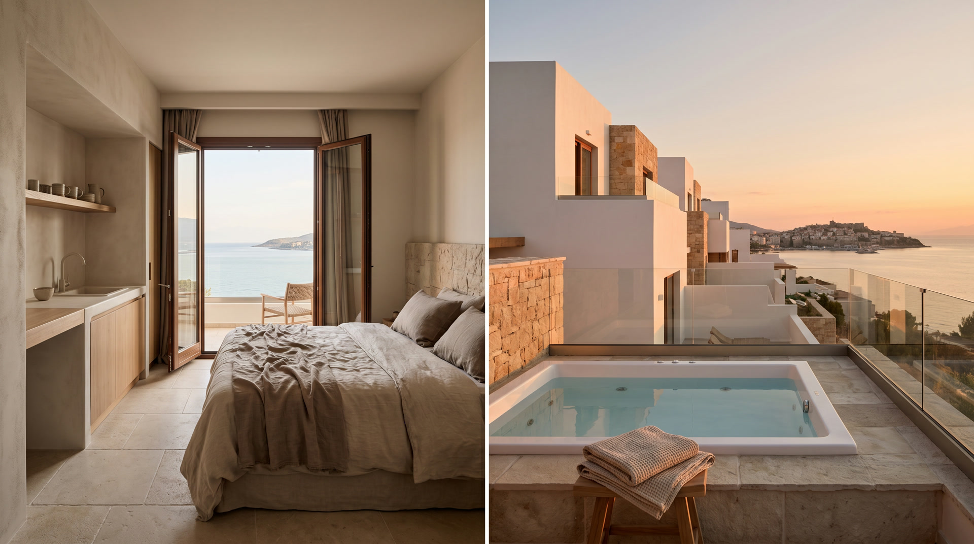 Studio Deluxe concept at Kavi Beach with sea-view balcony doors and warm coastal interiors