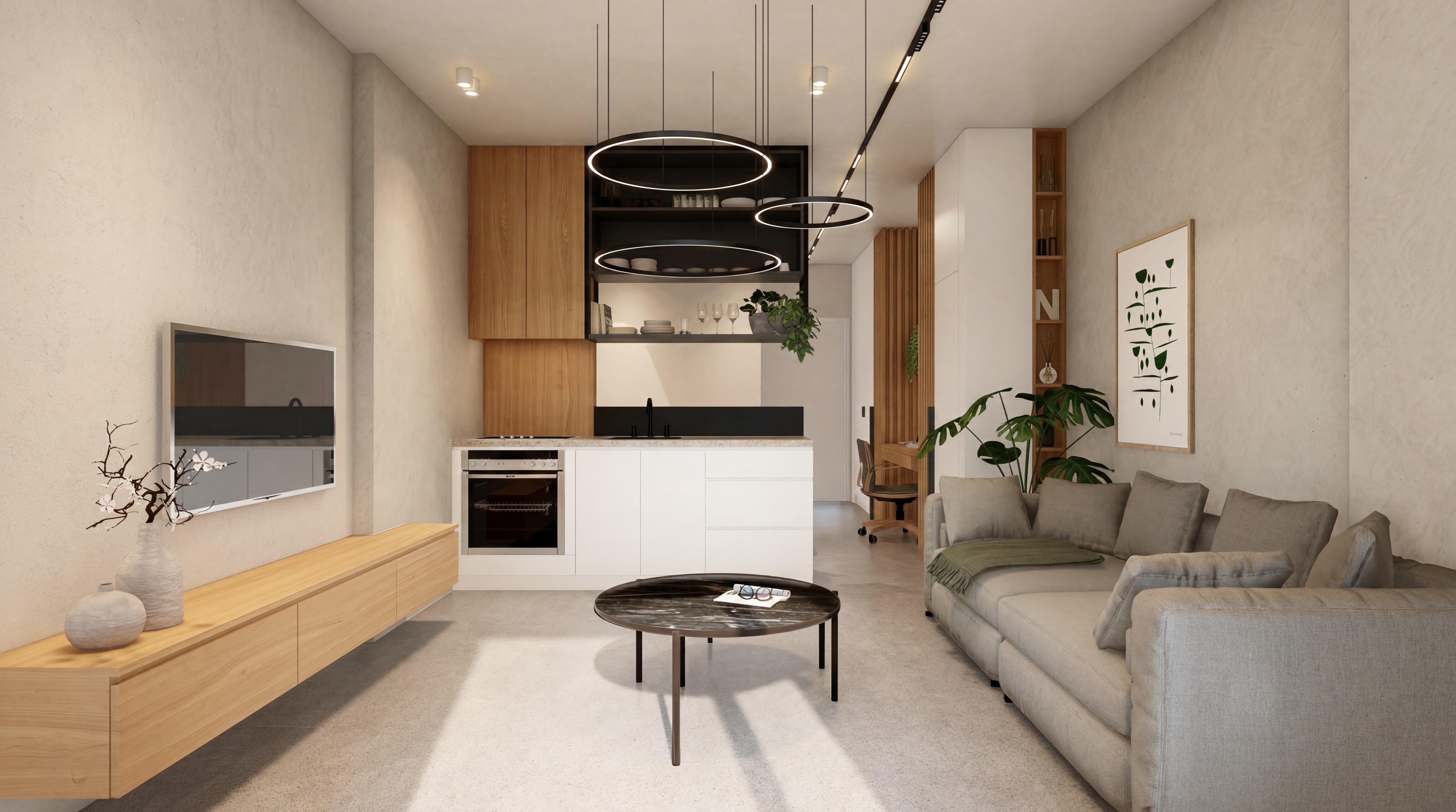 Realistic Studio Deluxe concept with lounge seating, kitchen island, warm pendant lighting, and coastal interior finishes