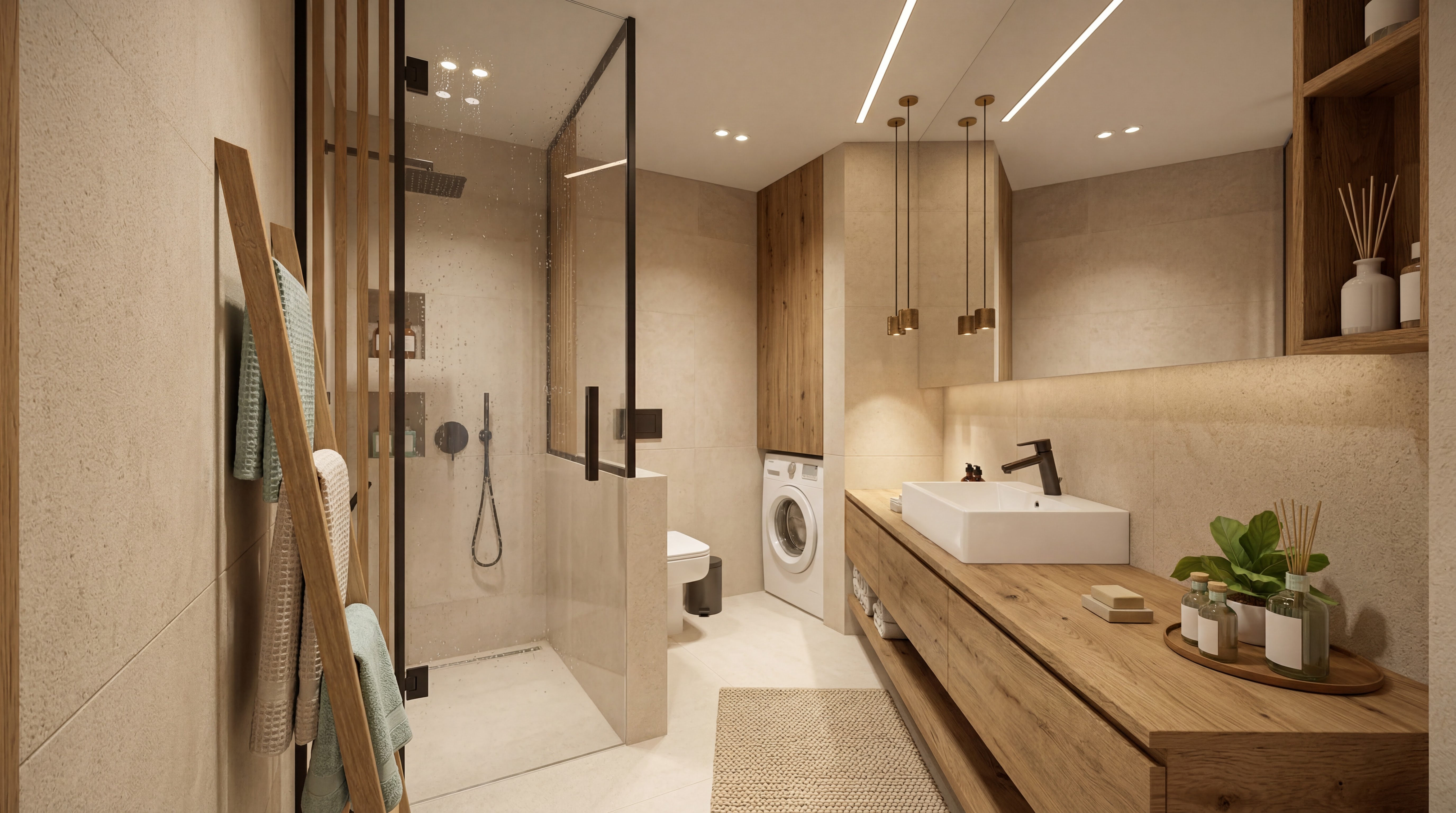 Realistic Studio Deluxe bathroom concept with long vanity, shower glass, toilet, and washing machine