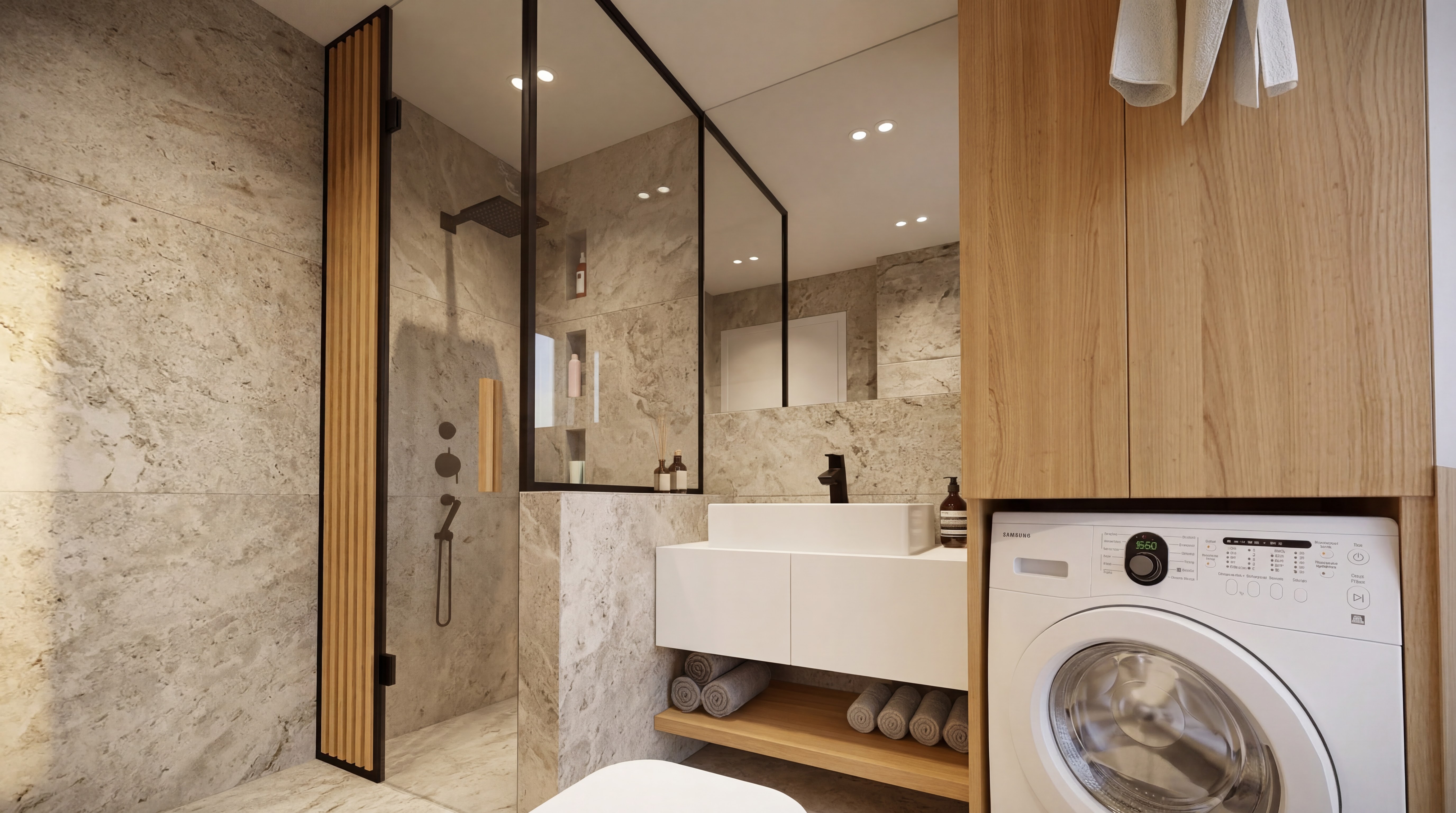 Realistic Studio Deluxe bathroom concept showing shower entry, sink, washing machine, and black fixtures
