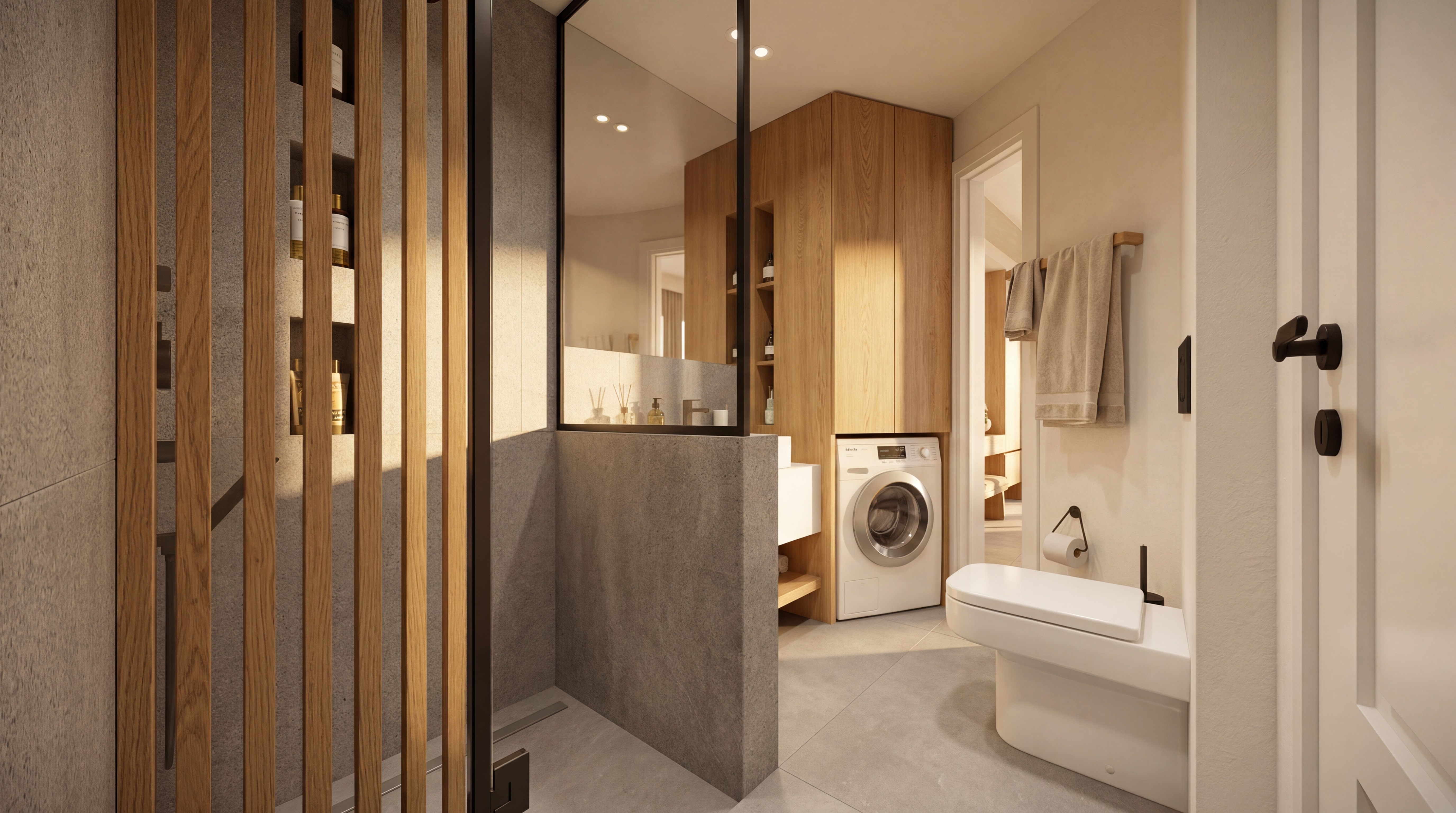 Realistic Studio Deluxe bathroom concept from the doorway with slatted shower screen, toilet, washing machine, and sink
